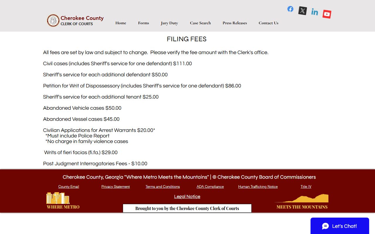Cherokee County Clerk of Courts Magistrate Court fees