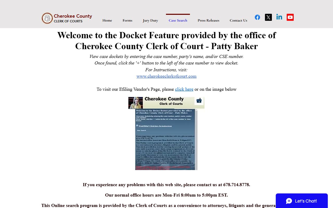 Cherokee County court records case search page