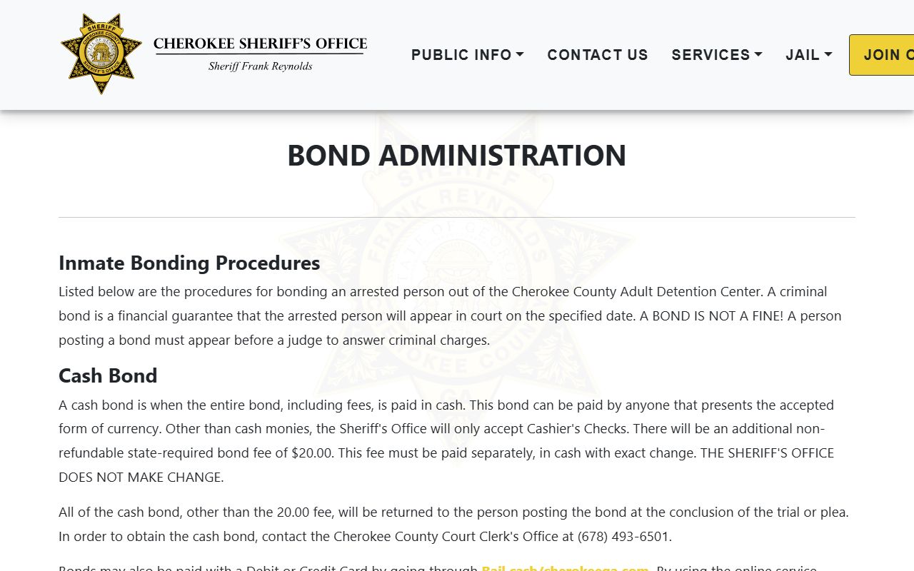Cherokee County inmate records bond administration page