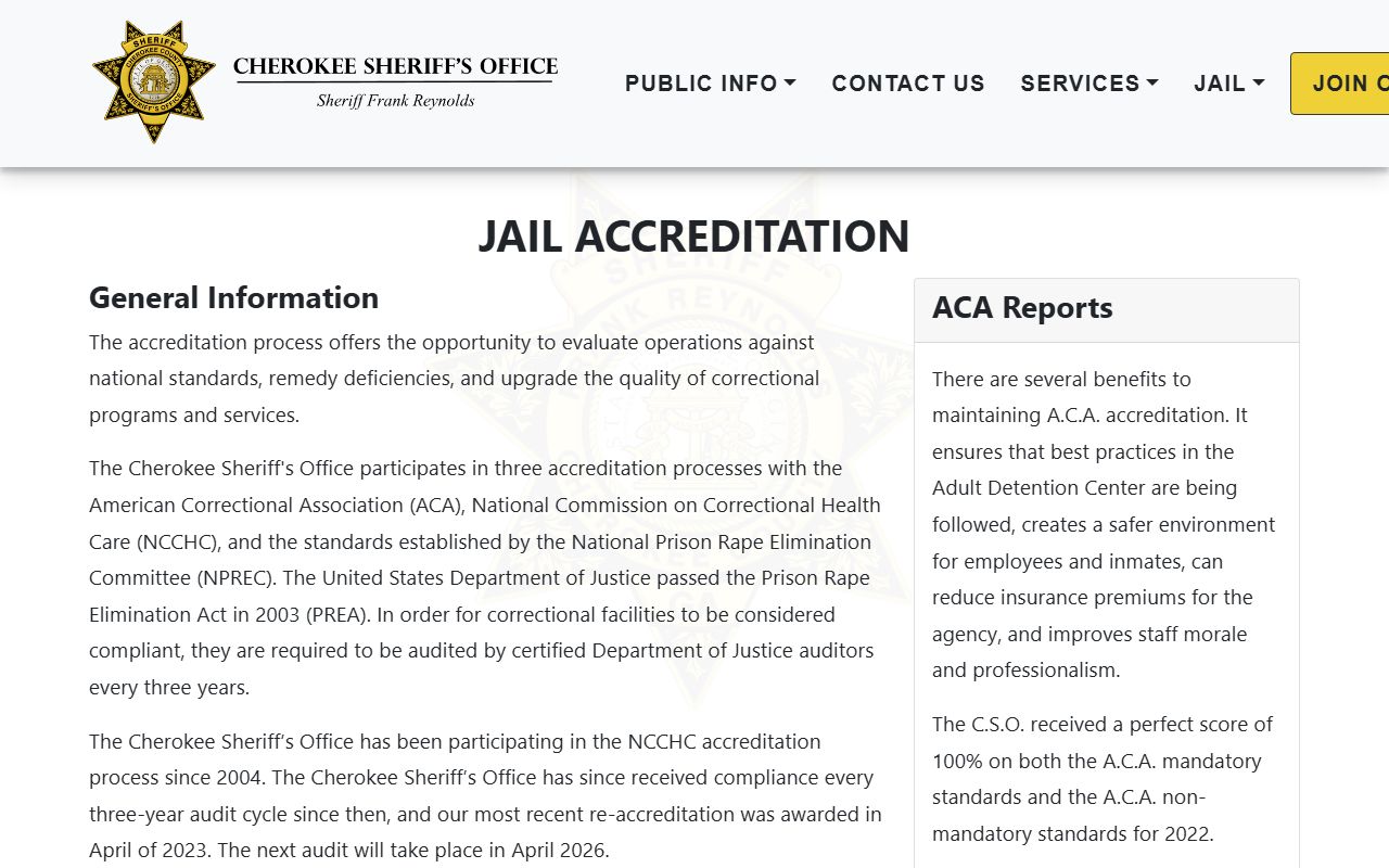 Cherokee County inmate records jail accreditation page
