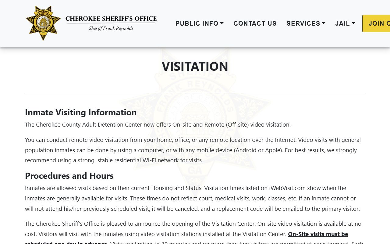 Cherokee County inmate records jail visitation schedule