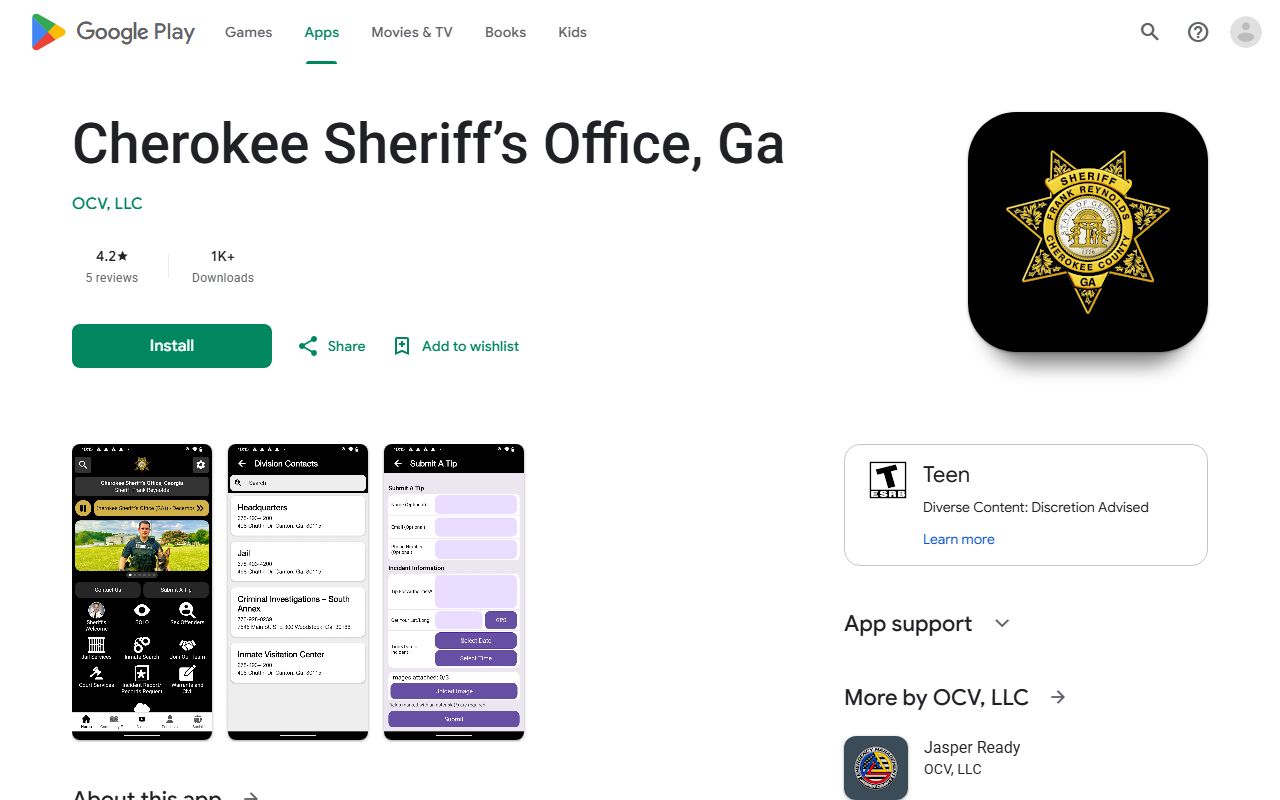 Cherokee County warrant records Sheriff Android app listing