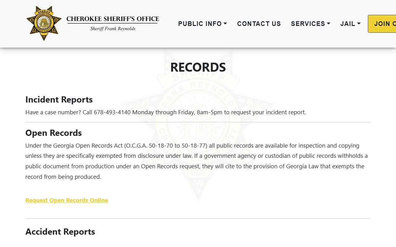 Cherokee County warrant records Sheriff records request page