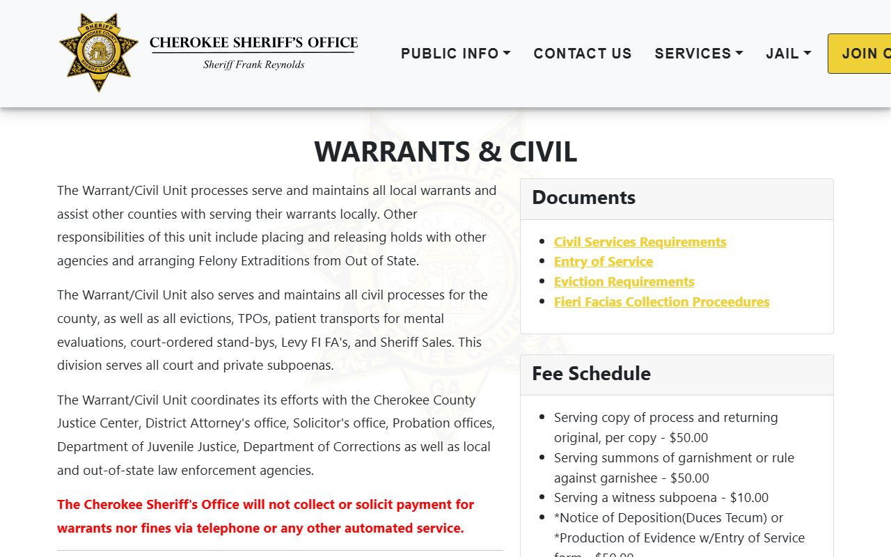 Cherokee County warrant records Sheriff warrants and civil process page